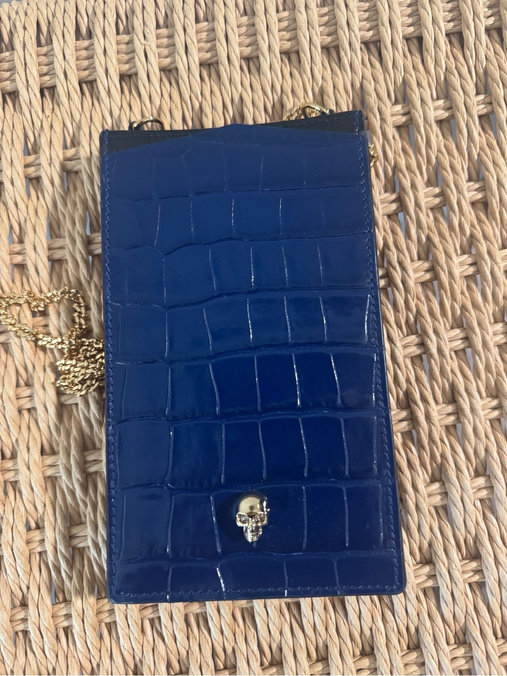 Alexander McQueen Navy Croc-Embossed Mini Bag with Gold Skull